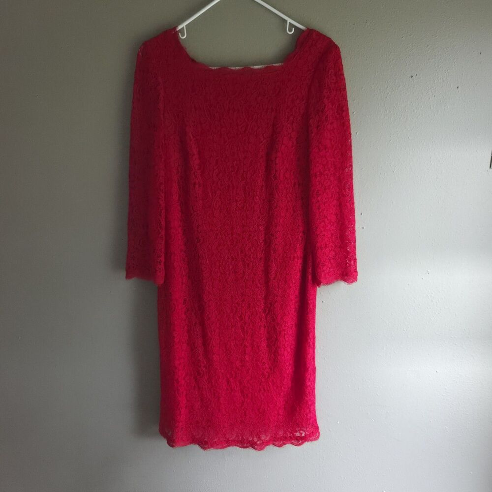 Cache Red Lace Midi Sheath Dress Size 10 Cocktail Party Eyelash Trim Full Zip